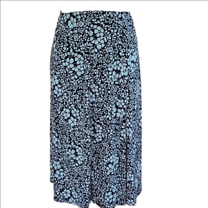 Floral Black Blue 8 Panel Midi A-Line Skirt Size 14 Petite EUC